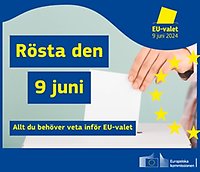 Illustrerad bild om att Rösta i EU-valet 9 juni 2024. Det är en hand som håller i en valsedel.